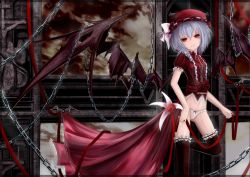 Rule 34 | 1girl, alternate costume, bat wings, blouse, chain, female focus, hat, hat ribbon, highres, light purple hair, no pants, open mouth, panties, red eyes, red thighhighs, remilia scarlet, ribbon, shirt, short hair, solo, thighhighs, touhou, underwear, wangchuan de quanyan, white panties, window, wings