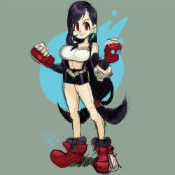 Rule 34 | 1girl, alex ahad, black hair, blush, breasts, clenched hands, final fantasy, final fantasy vii, gloves, large breasts, long hair, looking at viewer, midriff, navel, red eyes, smile, solo, tifa lockhart