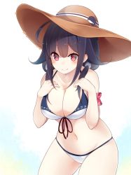 Rule 34 | 10s, 1girl, ahoge, animal print, arm garter, bad id, bad pixiv id, bikini, blush, breast suppress, breasts, cleavage, closed mouth, collarbone, cowboy shot, eyebrows, fish print, front-tie bikini top, front-tie top, hair over shoulder, hat, hat ribbon, highres, kantai collection, large breasts, looking at viewer, low twintails, navel, red eyes, ribbon, skindentation, smile, solo, stomach, sun hat, suruga (xsurugax), swimsuit, taigei (kancolle), twintails, whale print, white background