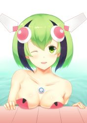 Rule 34 | 10s, 1girl, ;d, android, bare shoulders, blush, breast rest, breasts, cleavage, collarbone, dimension w, green eyes, green hair, headgear, highres, looking at viewer, matching hair/eyes, multicolored hair, one eye closed, open mouth, panysua, partially submerged, pool, robot ears, short hair, smile, solo, streaked hair, two-tone hair, water, yurizaki mira