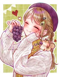Rule 34 | 1girl, artist name, beret, blush, braid, brown hair, closed eyes, closed mouth, food, fruit, ginniroya, grapes, hair ornament, hat, heart, highres, jacket, long hair, long sleeves, nail polish, open clothes, open jacket, original, sleeves past wrists, smile, solo, upper body, white jacket