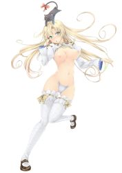 Rule 34 | 1girl, :o, absurdres, arch bishop (ragnarok online), blonde hair, blue eyes, blush, breasts, c-string, cat, cropped jacket, groin, highres, large breasts, long hair, looking at viewer, navel, nipples, no panties, object on head, open mouth, panties, ragnarok online, simple background, solo, standing, standing on one leg, strapless bottom, thighhighs, underwear, vicsen-u5, white background, white thighhighs