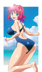 Rule 34 | 1girl, ass, beach, blue eyes, breasts, cloud, competition swimsuit, day, covered erect nipples, hibino aki, large breasts, legs, long legs, looking back, multicolored hair, ocean, one-piece swimsuit, open mouth, original, outdoors, purple hair, short hair, sky, solo, swimsuit, thighs, two-tone hair, yonecchi