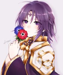Rule 34 | 1boy, ahoge, androgynous, blue flower, cape, circlet, closed mouth, eyes visible through hair, fire emblem, fire emblem: the sacred stones, flower, grey background, hair between eyes, hair tubes, highres, holding, holding flower, long hair, long sleeves, looking at viewer, lyon (fire emblem), male focus, misato hao, nintendo, purple cape, purple eyes, purple hair, red flower, signature, simple background, solo