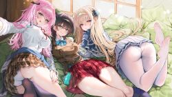 3girls absurdres aikawa_megumi aoi_erika black_hair blonde_hair bow breasts capelet clothes_around_waist green_eyes hair_between_eyes heaven_burns_red highres large_breasts long_hair looking_at_viewer lying multiple_girls panties panties_under_pantyhose pantyhose pillow pink_hair plaid_clothes plaid_skirt red_eyes ribbon rosebell shirakawa_yuina shirt short_hair sidelocks skirt two_side_up underwear vest white_panties white_shirt