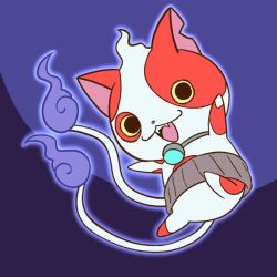 Rule 34 | 10s, buchinyan, cat, chill ykon, fangs, flame-tipped tail, looking at viewer, multiple tails, no humans, notched ear, open mouth, purple background, simple background, solo, tail, traditional youkai, two tails, youkai watch, youkai watch 2