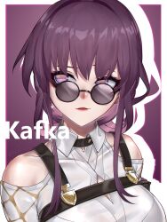 Rule 34 | 1girl, absurdres, bare shoulders, breasts, bwcloud, character name, clothing cutout, commentary request, highres, honkai: star rail, honkai (series), kafka (honkai: star rail), large breasts, long hair, parted lips, purple eyes, purple hair, round eyewear, shirt, shoulder cutout, smile, solo, sunglasses, upper body, white shirt