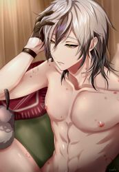 Rule 34 | 1boy, absurdres, bird, bishounen, bite mark, black gloves, blush, breasts, brown hair, bruise, father (nu carnival), gloves, grey hair, hickey, highres, injury, looking to the side, male focus, mole, mole on breast, mole on chest, mole under mouth, nipples, nu carnival, owl, pectorals, rei (nu carnival), short hair, tassel, yadome810, yellow eyes