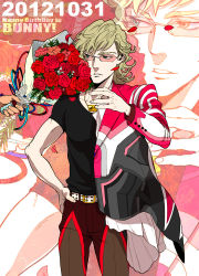 Rule 34 | 10s, 1boy, adapted costume, bad id, bad pixiv id, barnaby brooks jr., birthday, blonde hair, bouquet, dated, flower, glasses, green eyes, jacket, male focus, red flower, red rose, rose, solo, tiger &amp; bunny, zakk, zoom layer