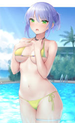 Rule 34 | 1girl, bikini, blue sky, blush, breasts, collarbone, commentary request, day, green eyes, hands on own chest, highres, jewelry, looking at viewer, medium breasts, mizuya nao, navel, necklace, open mouth, original, outdoors, pool, pool ladder, purple hair, ribbon, short hair, short ponytail, side-tie bikini bottom, skindentation, sky, solo, stomach, swimsuit, thigh strap, underboob, water, yellow bikini, yellow ribbon