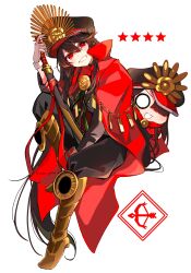 Rule 34 | 1girl, cape, family crest, fate/grand order, fate (series), gloves, hair between eyes, hat, highres, katana, medallion, military hat, military uniform, oda nobunaga (fate), oda uri, peaked cap, red cape, simple background, smile, sword, uniform, weapon, white gloves, yui (tamagohan)