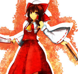 Rule 34 | &gt;:/, 1girl, :/, ahoge, armpits, ascot, bare shoulders, bow, breasts, brown eyes, brown hair, closed mouth, cowboy shot, detached sleeves, drop shadow, frilled shirt collar, frills, gohei, hair bow, hair tubes, hakurei reimu, japanese clothes, long sleeves, looking at viewer, matching hair/eyes, miko, nontraditional miko, ofuda, outstretched arms, red bow, red shirt, red skirt, ribbon-trimmed sleeves, ribbon trim, sarashi, shinyafuru, shirt, sidelocks, skirt, skirt set, small breasts, solo, spread arms, touhou, v-shaped eyebrows, wide sleeves