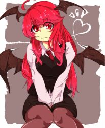 Rule 34 | 1girl, :|, ahoge, bat wings, between legs, black pantyhose, border, breasts, closed mouth, dress shirt, embarrassed, grey background, head tilt, head wings, heart, heart of string, koakuma, large breasts, long hair, looking at viewer, necktie, outside border, pantyhose, red eyes, red hair, shirt, simple background, sitting, skirt, skirt set, solo, touhou, v arms, vest, white shirt, wings, yadokari, yadokari (yadokani)