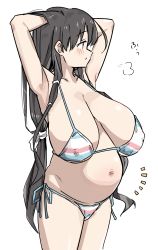 Rule 34 | 1girl, arms behind head, arms up, bikini, black hair, blush, breasts, collarbone, covered erect nipples, cowboy shot, highres, huge breasts, iwato kasumi, long hair, momoiro tunozemi, navel, pregnant, puff of air, saki (manga), solo, standing, swimsuit, thighs, very long hair, white background, yellow eyes