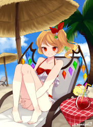 Rule 34 | 1girl, barefoot, beach, bendy straw, bikini, blonde hair, blue sky, chair, cloud, cocktail, cocktail umbrella, day, drink, drinking straw, feet, flandre scarlet, food, frilled bikini, frills, fruit, glass, hair ornament, hair ribbon, himaya, hugging own legs, ice, ice cube, knees together feet apart, knees up, legs, lemon, lemon slice, long hair, looking at viewer, lounge chair, multicolored bikini, multicolored clothes, outdoors, palm tree, pigeon-toed, red bikini, red eyes, red ribbon, ribbon, side ponytail, sitting, sky, smile, solo, swimsuit, table, toes, touhou, tree, umbrella, wings