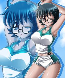 Rule 34 | 1girl, ;o, arms up, black-framed eyewear, black hair, breasts, bug, female focus, glasses, highres, hoimin (anchangdeath), hunter x hunter, large breasts, navel, one eye closed, open mouth, purple eyes, shizuku murasaki, short hair, shorts, solo, spider, spider tattoo, sportswear, tank top, tattoo, taut clothes, track uniform, water, wet, zoom layer
