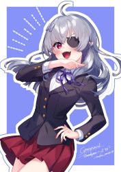 Rule 34 | 1girl, absurdres, ahoge, blazer, buttons, collared shirt, commission, eyepatch, fangs, grey hair, hair ornament, hairclip, highres, jacket, long hair, long sleeves, nokachoco114, open mouth, original, pleated skirt, pointy ears, red eyes, shirt, signature, simple background, skeb commission, skirt, solo, virtual youtuber