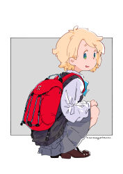 Rule 34 | 1girl, :d, absurdres, backlighting, backpack, bag, black sweater vest, blonde hair, blue bow, blue bowtie, border, bow, bowtie, brown footwear, colored eyelashes, from behind, full body, green eyes, grey background, grey skirt, hair behind ear, hand on own knee, highres, karaagetarou, light blush, loafers, long sleeves, looking at viewer, looking back, open mouth, original, outside border, parted bangs, parted lips, pleated skirt, puffy long sleeves, puffy sleeves, red bag, school uniform, shirt, shoes, short eyebrows, short hair, signature, simple background, skirt, smile, solo, squatting, sweater vest, tareme, thick eyebrows, tomboy, white border, white shirt