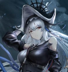 Rule 34 | 1girl, arknights, arm up, bare shoulders, between breasts, black dress, black hat, breasts, closed mouth, clothing cutout, dress, grey hair, hand on headwear, hat, highres, large breasts, long hair, long sleeves, looking at viewer, poni (poni arknights), red eyes, shoulder cutout, solo, specter (arknights), specter the unchained (arknights), strap between breasts, upper body, very long hair, water