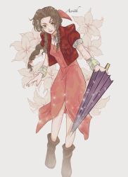 Rule 34 | 1girl, aerith gainsborough, bangle, boots, bracelet, braid, braided ponytail, breasts, brown footwear, brown hair, character name, choker, cropped jacket, dress, final fantasy, final fantasy vii, floral background, front slit, full body, gramm 3, green eyes, grey background, hair ribbon, holding, holding umbrella, jacket, jewelry, long dress, long hair, looking at viewer, medium breasts, parted bangs, parted lips, pink dress, pink ribbon, purple umbrella, red jacket, ribbon, short sleeves, sidelocks, smile, solo, umbrella, wavy hair