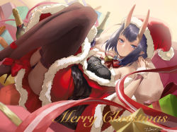 Rule 34 | 1girl, bare shoulders, bell, blush, bob cut, box, breasts, brown thighhighs, christmas, dress, fate/grand order, fate (series), fur-trimmed dress, fur-trimmed headwear, fur trim, gift, gift box, hat, high heels, highres, horns, jingle bell, legs, looking at viewer, merry christmas, off shoulder, oni, pointy ears, purple eyes, purple hair, red dress, red hat, santa costume, santa hat, sash, short hair, shuten douji (fate), skin-covered horns, small breasts, smile, solo, taino kou, thighhighs