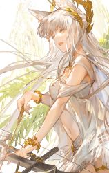 Rule 34 | 1girl, animal ear fluff, animal ears, arknights, arrow (projectile), bare shoulders, bikini, bow (weapon), bracelet, breasts, brown eyes, floating hair, highres, holding, holding arrow, holding bow (weapon), holding weapon, horse ears, jewelry, laurel crown, long hair, looking afar, midriff, official alternate costume, open clothes, platinum (arknights), platinum (shimmering dew) (arknights), shuaigegentou, solo, standing, swimsuit, very long hair, weapon, white bikini, white hair