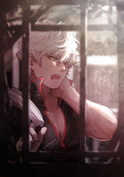 Rule 34 | 1boy, :o, artist name, aya shiro423, black jacket, blurry, blurry background, dated, day, gintama, hand on own neck, high collar, highres, jacket, male focus, open mouth, red eyes, sakata gintoki, solo, white hair