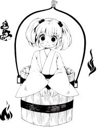 Rule 34 | 1girl, absurdres, bucket, closed mouth, commentary request, fire, fire, greyscale, hair ornament, hanokami, high contrast, highres, in bucket, in container, kisume, long sleeves, looking at viewer, medium hair, monochrome, simple background, solo, touhou, wide sleeves, wooden bucket