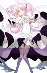 Rule 34 | 1girl, bow, breasts, capelet, cleavage, dress, gloves, hair between eyes, hair bow, highres, kaname madoka, knees together feet apart, looking at viewer, magical girl, mahou shoujo madoka magica, mahou shoujo madoka magica (anime), maze draws, medium hair, open mouth, own hands together, parted bangs, pink hair, short twintails, sky, small breasts, smile, solo, star (sky), starry sky, teeth, thighhighs, twintails, white bow, white capelet, white dress, white gloves, winged footwear, yellow eyes