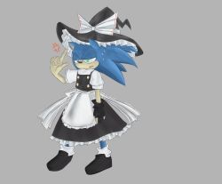 Rule 34 | 1boy, absurdres, anger vein, angry, blush, cosplay, dress, gloves, green eyes, hat, highres, kirisame marisa, kirisame marisa (cosplay), male focus, parody, sega, shoes, simple background, socks, solo, sonic (series), sonic the hedgehog, sora-sonic-fangirl, sweatdrop, touhou