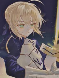 Rule 34 | 1girl, ahoge, armor, armored dress, artoria pendragon (all), artoria pendragon (fate), blonde hair, blue dress, closed mouth, dress, excalibur (fate/stay night), fate/stay night, fate (series), gauntlets, green eyes, hair bun, highres, holding, holding sword, holding weapon, long sleeves, saber (fate), simple background, single hair bun, solo, sword, upper body, utsuhostoria, weapon