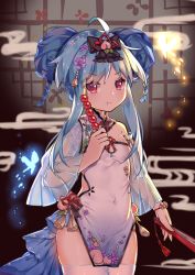 Rule 34 | 1girl, :t, ahoge, alternate costume, alternate hairstyle, bare shoulders, binan xian lu, black bow, blue hair, bow, braid, china dress, chinese clothes, commentary, covered navel, cowboy shot, dango, double bun, dress, flat chest, folded fan, folding fan, food, fruit, hair bow, hair bun, hand fan, hand up, highres, hinanawi tenshi, holding, holding fan, holding food, indoors, leaf, long hair, looking at viewer, peach, red eyes, see-through, see-through sleeves, sidelocks, solo, standing, thighhighs, thighs, touhou, twin braids, wagashi, white dress, white thighhighs, zettai ryouiki