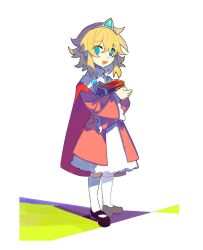 Rule 34 | 1girl, black footwear, blonde hair, blue eyes, box, cape, child, collar, collared dress, crossed arms, dress, frilled sleeves, frills, full body, grass, grey headwear, guardian tales, high collar, highres, holding, holding box, kneehighs, layered dress, little princess (guardian tales), long sleeves, looking at viewer, mary janes, medium dress, open mouth, red cape, red dress, red sleeves, shadow, shoes, short hair with long locks, simple background, smile, socks, solo, tiankong yiji, tiara, treasure chest, white background, white collar, white dress, white socks, wide sleeves