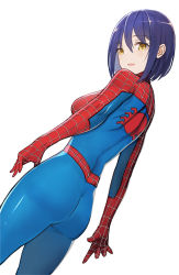 Rule 34 | 1girl, arms at sides, ass, bodysuit, cosplay, cowboy shot, from side, hair between eyes, looking back, marvel, nijisanji, pupps, purple hair, shizuka rin, short hair, simple background, skin tight, solo, spider-man, spider-man (cosplay), spider-man (series), standing, virtual youtuber, white background, yellow eyes