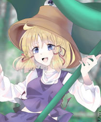 Rule 34 | 1girl, blonde hair, blue eyes, commentary, commentary request, hair ribbon, holding, holding leaf, holding umbrella, leaf, leaf umbrella, moriya suwako, purple skirt, purple vest, red ribbon, ribbon, rin-rin-, skirt, sleeves past wrists, touhou, umbrella, vest