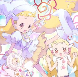 Rule 34 | blonde hair, blush, boots, brown eyes, dress, earrings, frills, gloves, hair bobbles, hair ornament, hand mirror, hano luno, hat, highres, jewelry, long hair, looking at viewer, magical girl, makihatayama hana, mirror, ojamajo doremi, open mouth, short hair, smile, twintails, white dress, witch hat