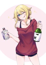 Rule 34 | 1girl, absurdres, alcohol, alternate costume, black shorts, black tank top, blush, bottle, casual, collarbone, commentary, english commentary, head tilt, highres, holding, holding bottle, hoshino char, looking at viewer, off shoulder, one eye closed, red sweater, sake bottle, shorts, smile, solo, sparkle, sweater, tank top, tongue, tongue out, tsunderia, valefal coneri, virtual youtuber