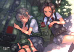 Rule 34 | 2girls, anti-materiel rifle, backpack, bad id, bad pixiv id, bag, brown eyes, brown hair, closed eyes, dappled sunlight, dreadtie, food, food theft, gun, haribo, highres, knee pads, kneehighs, load bearing vest, long hair, lying, military, multiple girls, necktie, on side, original, plaid, plaid skirt, pocky, pouch, rifle, safety glasses, school uniform, short hair, signature, silver hair, skirt, sleeping, sniper rifle, socks, sunlight, thigh pouch, thigh strap, tongue, tongue out, tree, weapon