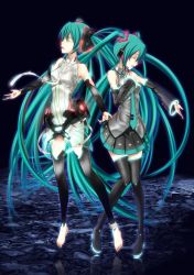 Rule 34 | 2girls, absurdres, anklet, aqua hair, barefoot, belt, boots, detached sleeves, dual persona, elbow gloves, closed eyes, fingerless gloves, gloves, hatsune miku, hatsune miku (append), highres, jewelry, long hair, multiple girls, nail polish, navel, necktie, revision, skirt, thigh boots, thighhighs, tk28, toeless legwear, toenail polish, toenails, twintails, very long hair, vocaloid, vocaloid append, zettai ryouiki
