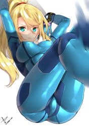 Rule 34 | 10s, 1girl, 2016, armlet, arms up, ass, bad id, blonde hair, blue eyes, blush, bodysuit, bracelet, breasts, covered erect nipples, dated, glowing, hair between eyes, jewelry, kicking, large breasts, looking at viewer, metroid, motion blur, nintendo, samus aran, scrunchie, shiny clothes, signature, skin tight, solo, super smash bros., yappen, yatsu (sasuraino), zero suit