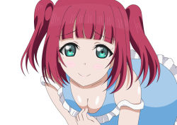 Rule 34 | 10s, 1girl, bare shoulders, bent over, blush, blush stickers, breasts, cleavage, cleavage reach, closed mouth, downblouse, frills, green eyes, highres, hime cut, izusango00, kurosawa ruby, looking at viewer, love live!, love live! sunshine!!, medium breasts, medium hair, off shoulder, red hair, simple background, smile, solo, strap slip, tears, twintails, white background