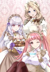 Rule 34 | 3girls, :o, alternate costume, apron, basket, blonde hair, blunt bangs, blush, bow, breasts, brown apron, brown bow, brown pantyhose, buttons, closed mouth, commentary request, cookie, cup, dress, female focus, fire emblem, fire emblem: three houses, fire emblem heroes, food, frills, hair bow, hair ribbon, headdress, highres, hilda valentine goneril, holding, holding basket, holding cup, holding teapot, juliet sleeves, kakiko210, large breasts, long hair, long sleeves, looking at viewer, lysithea von ordelia, lysithea von ordelia (tea party), maid headdress, matching hair/eyes, mercedes von martritz, mercedes von martritz (tea party), multiple girls, nintendo, official alternate costume, one eye closed, open mouth, pantyhose, pink eyes, pink hair, puffy sleeves, purple eyes, purple ribbon, ribbon, side ponytail, sitting, smile, swept bangs, teacup, teapot, twintails, very long hair, waist apron, white dress, white hair, wink