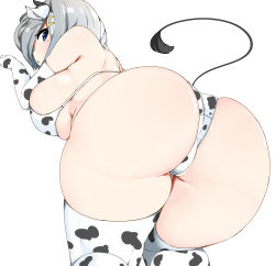 Rule 34 | 1girl, animal print, ass, bare shoulders, bikini, blue eyes, blush, breasts, cow print, cow print bikini, cow tail, curvy, elbow gloves, embarrassed, from behind, gloves, hair ornament, hairclip, hamakaze (kancolle), hauto-san, highres, horns, huge ass, huge breasts, kantai collection, looking at viewer, looking back, looking down, print bikini, shiny skin, short hair, sideboob, silver hair, simple background, solo, swimsuit, tail, thick thighs, thighhighs, thighs, thong, thong bikini, white background