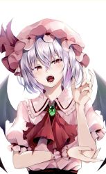Rule 34 | 1girl, ascot, bat wings, blush, brooch, dress, fangs, fingernails, hair between eyes, hat, highres, hyurasan, jewelry, mob cap, nail polish, open mouth, pink dress, pink hat, puffy short sleeves, puffy sleeves, purple hair, red ascot, red eyes, red nails, remilia scarlet, sharp fingernails, short hair, short sleeves, simple background, solo, touhou, upper body, white background, wings