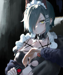 Rule 34 | 1girl, a water cat, absurdres, azur lane, black background, black bra, black choker, black collar, black hair, bra, breasts, can, cat hair ornament, choker, cleavage, closed mouth, collar, detached collar, ear piercing, earrings, hair ornament, hair over one eye, hairclip, highres, holding, holding can, horns, jewelry, long sleeves, looking at viewer, maid, maid headdress, mechanical horns, medium breasts, medium hair, multicolored hair, multiple earrings, nail polish, o-ring, o-ring top, official alternate costume, piercing, puffy sleeves, red horns, red nails, short hair, simple background, slit pupils, solo, two-tone hair, ulrich von hutten (azur lane), ulrich von hutten (mayhem maid) (azur lane), underwear, upper body, white hair, x hair ornament, yellow eyes