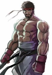 Rule 34 | 1boy, backlighting, beard, black hair, boxing gloves, dougi, facial hair, feet out of frame, forked eyebrows, frown, headband, highres, large pectorals, male focus, midriff sarashi, muscular, muscular male, mustache, nipples, pectorals, red headband, ryu (street fighter), sarashi, serious, shibusun, short hair, solo, standing, street fighter, strongman waist, thick eyebrows, topless male