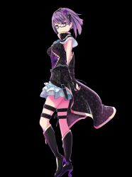 Rule 34 | 1girl, breasts, frilled skirt, full body, glasses, green-framed eyewear, high heel boots, knee boots, looking at viewer, medium breasts, miniskirt, nanami (project tokyo dolls), official art, project tokyo dolls, purple hair, red eyes, semi-rimless eyewear, short hair, skirt, sleeveless, solo, square enix, standing, thigh strap, transparent background, under-rim eyewear