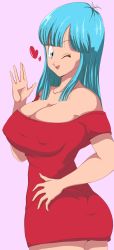 Rule 34 | 1girl, absurdres, aqua hair, artist request, ass, bare legs, bare shoulders, breasts, breasts out, dragon ball, dragonball z, dress, hand on own hip, happy, hazama null, heart, highres, large breasts, long hair, looking at viewer, maron (dragon ball), nipples, no bra, one eye closed, pink background, red dress, short dress, simple background, skindentation, wink