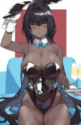 Rule 34 | 1girl, :o, animal ears, aqua bow, aqua bowtie, armpits, bare shoulders, black hair, black leotard, blue archive, blush, bow, bowtie, breasts, cleavage, collar, commentary, covered navel, cup, curvy, dark-skinned female, dark skin, detached collar, drinking glass, earrings, fake animal ears, fishnet pantyhose, fishnets, glass, gloves, hai ookami, hair between eyes, highleg, highleg leotard, highres, holding, jewelry, karin (blue archive), karin (bunny) (blue archive), large breasts, leotard, long hair, looking at viewer, official alternate costume, pantyhose, playboy bunny, rabbit ears, shiny clothes, shiny skin, sidelocks, sitting, sleeveless, solo, tan, thick thighs, thighs, thong leotard, traditional bowtie, tray, white collar, white gloves, wide hips, wine glass, wrist cuffs, yellow eyes