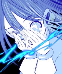 Rule 34 | 1girl, black background, blue eyes, blue hair, blue theme, covering face, electricity, gloves, hands on own face, hands up, headgear, highres, long hair, monochrome, original, own hands together, solo, sweat, upper body, urokogaran, white gloves